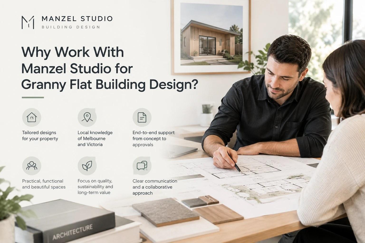 Manzel Studio building designer reviewing granny flat floor plans with a client in Melbourne