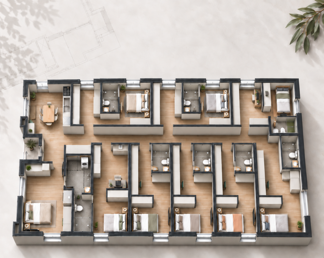 3D render of a purpose-built rooming house floor plan with nine private bedrooms