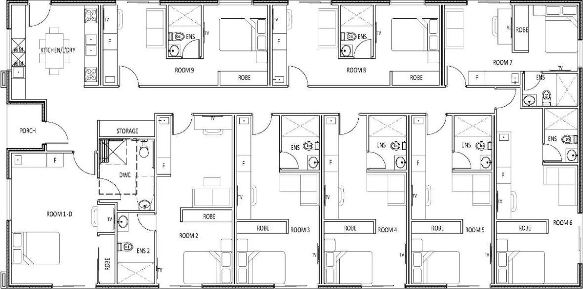 Purpose-built single storey rooming house floor plan with nine private bedrooms