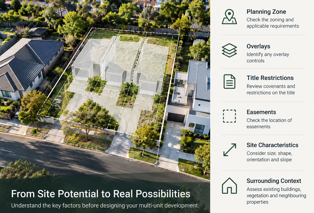 Checklist of factors to review before designing a multi-unit development: planning zone, overlays, title restrictions, easements, site characteristics and surrounding context