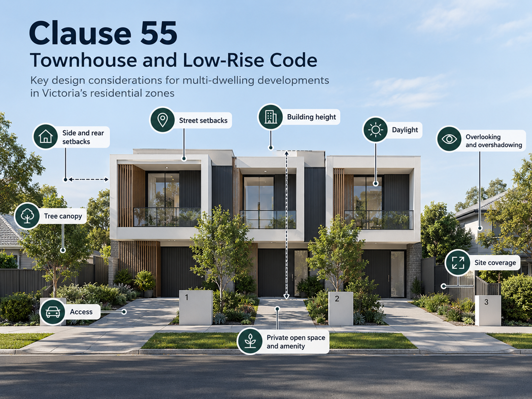 Key Clause 55 design considerations for multi-dwelling developments: street setbacks, building height, side and rear setbacks, site coverage, access, tree canopy, overlooking and overshadowing, daylight, and private open space