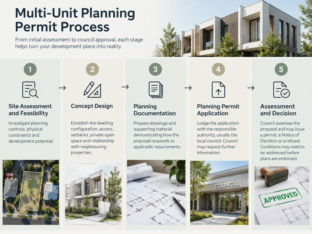 The five-stage multi-unit planning permit process: site assessment and feasibility, concept design, planning documentation, planning permit application, and assessment and decision